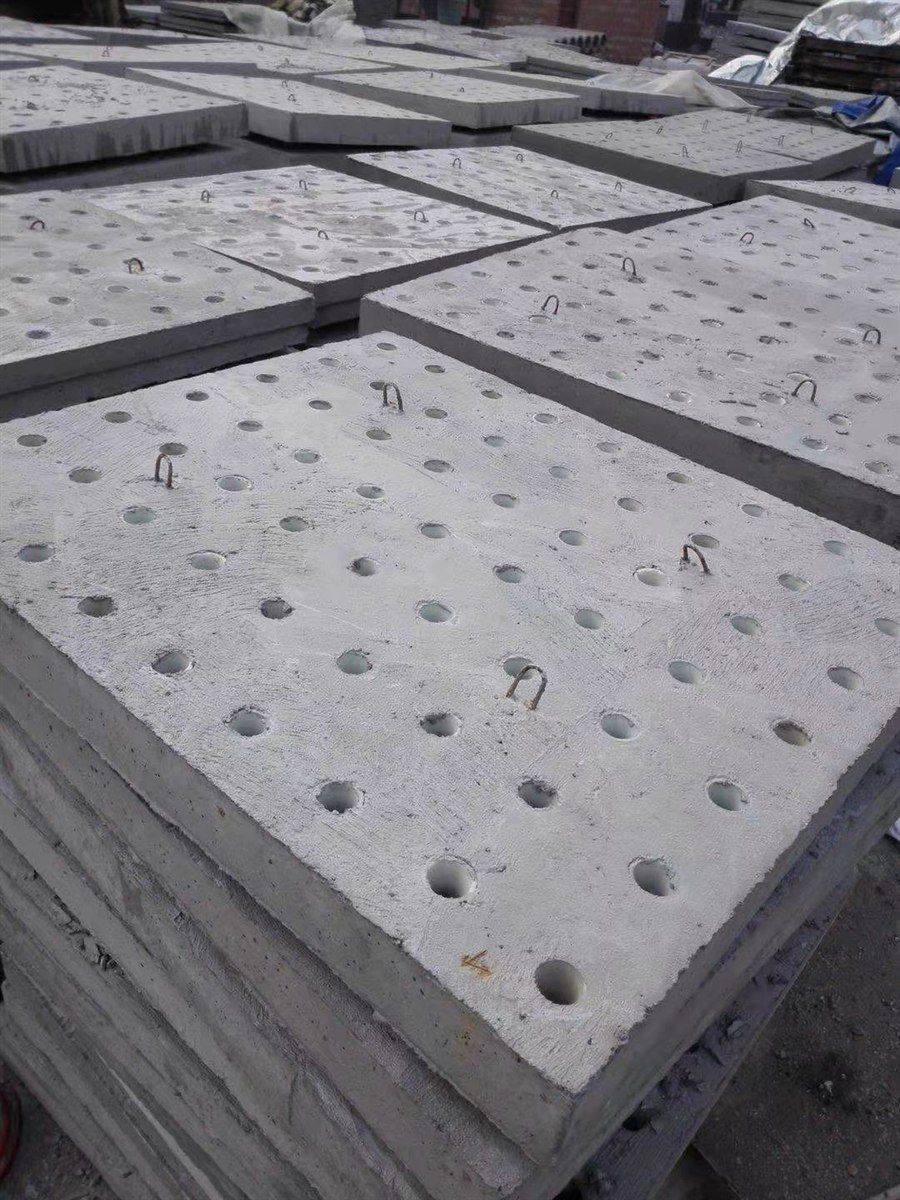 Finished cast-in-place filter plates stacked in the plant area