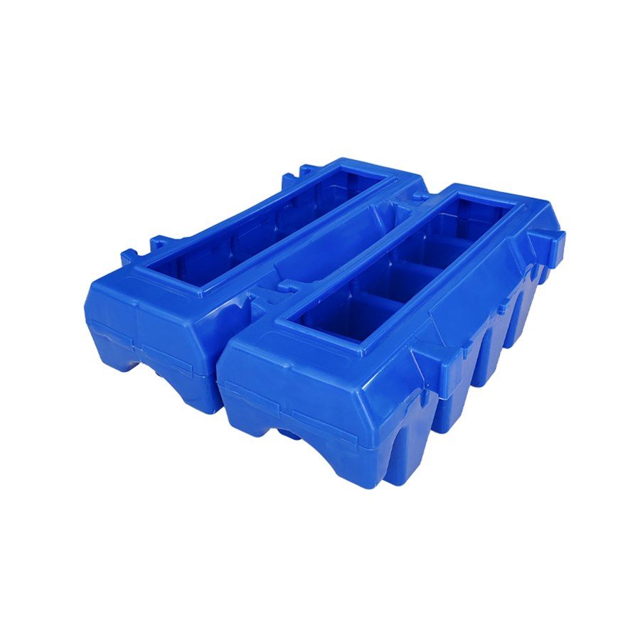 Two blue filter bricks with ribs and capping plates, studio view