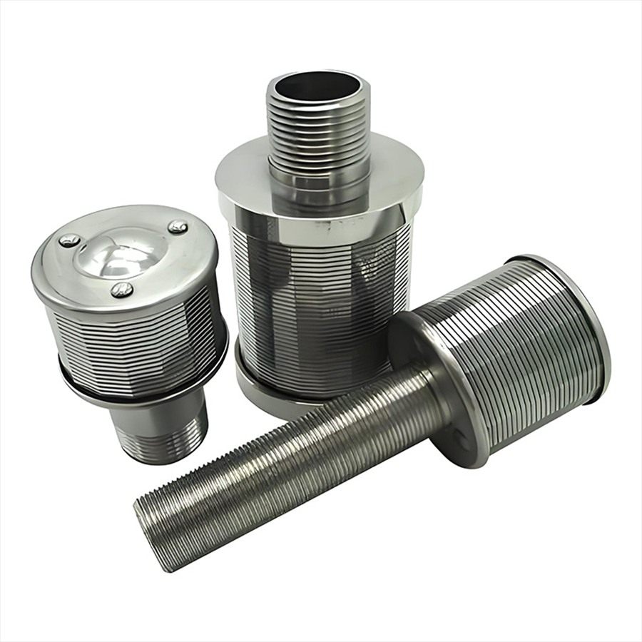 Three stainless steel drain caps with wedge-wire cylinders on a white background