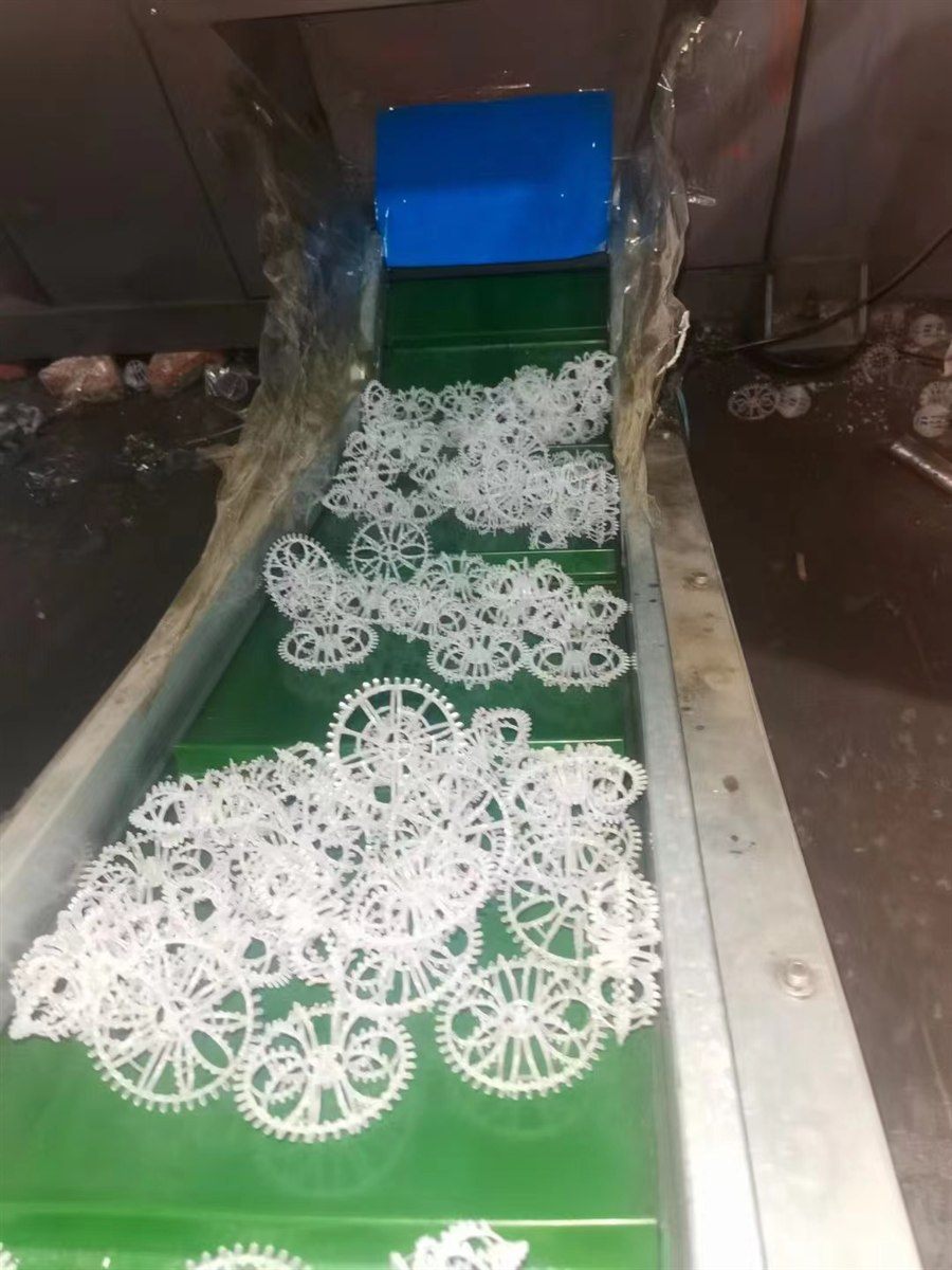 Rosette rings leaving the mould on a green conveyor in production