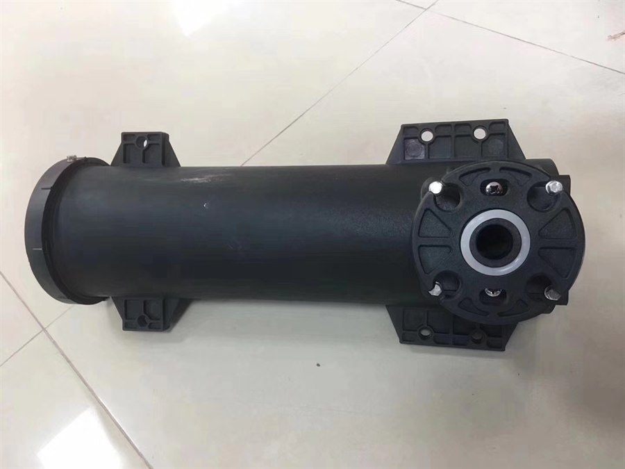 Vortex aerator barrel with its bolted end plate, two mounting pads and central air port