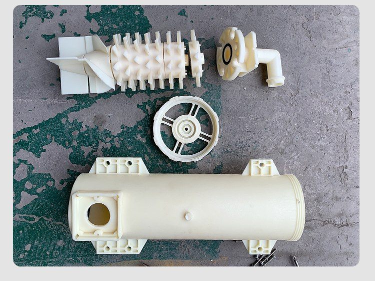 Component set of the vortex aerator: barrel, internal vortex element, ribbed vane ring and inlet elbow